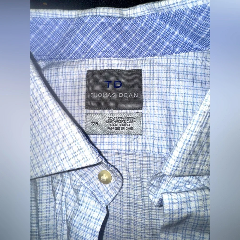 Thomas Dean Men’s Button Down Shirt 17R – Blue Plaid Check Dress Shirt - Picture 3 of 3